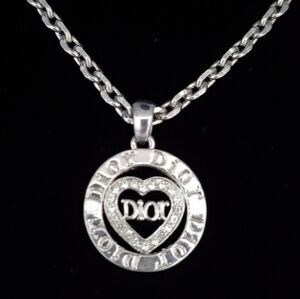 DIOR Necklace Silvertone Link Chain Branded Bezel and Heart Centre Rhinestones